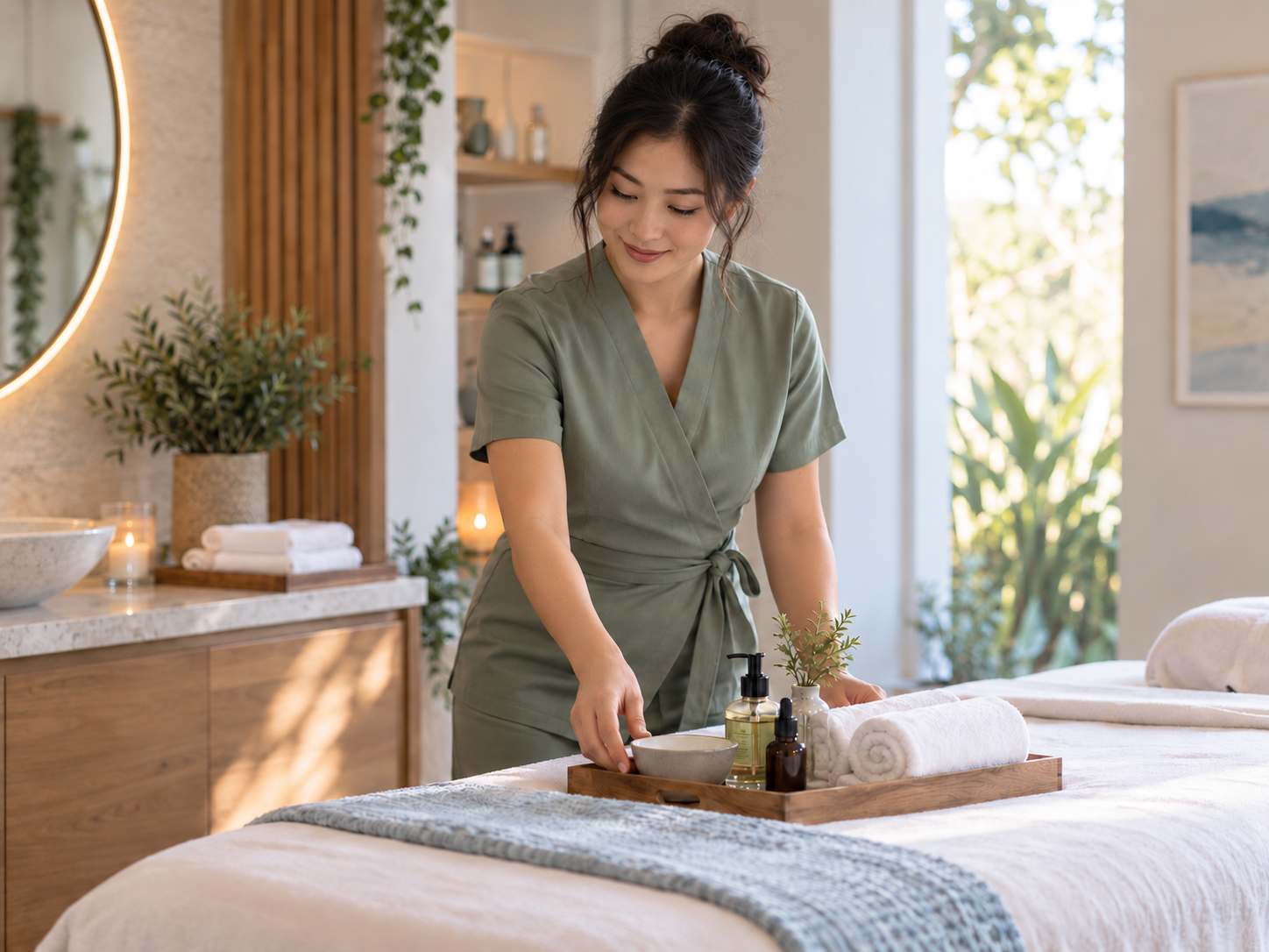 A wellness business owner preparing a treatment room